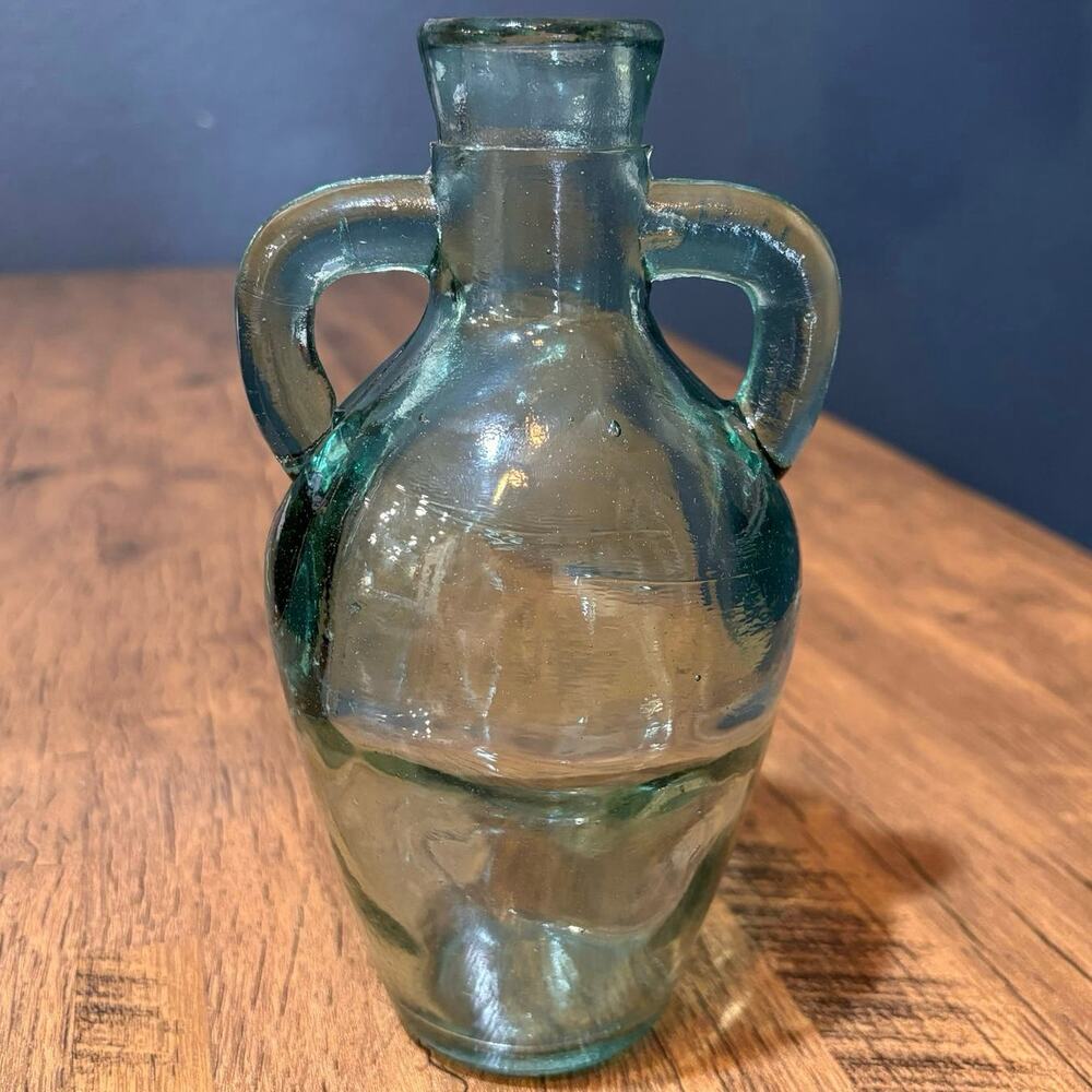 Antique Blow Mold Blue Green Jug with Handles Late 1800s Early 1900s